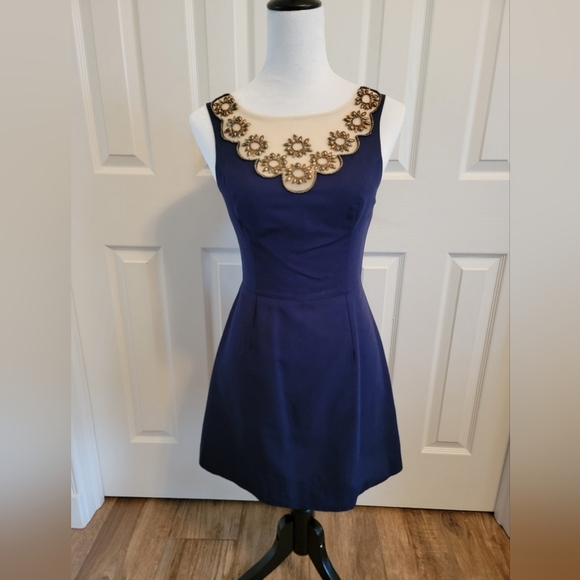 Lilly Pulitzer Navy Gold Beaded Fit And Flare Dress In Size 00 - Picture 1 of 7
